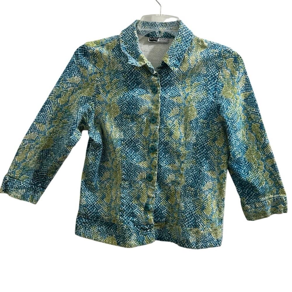 Kelly Scott Blue and Green Python Snake Print Animal Pattern Knit Jacket S!